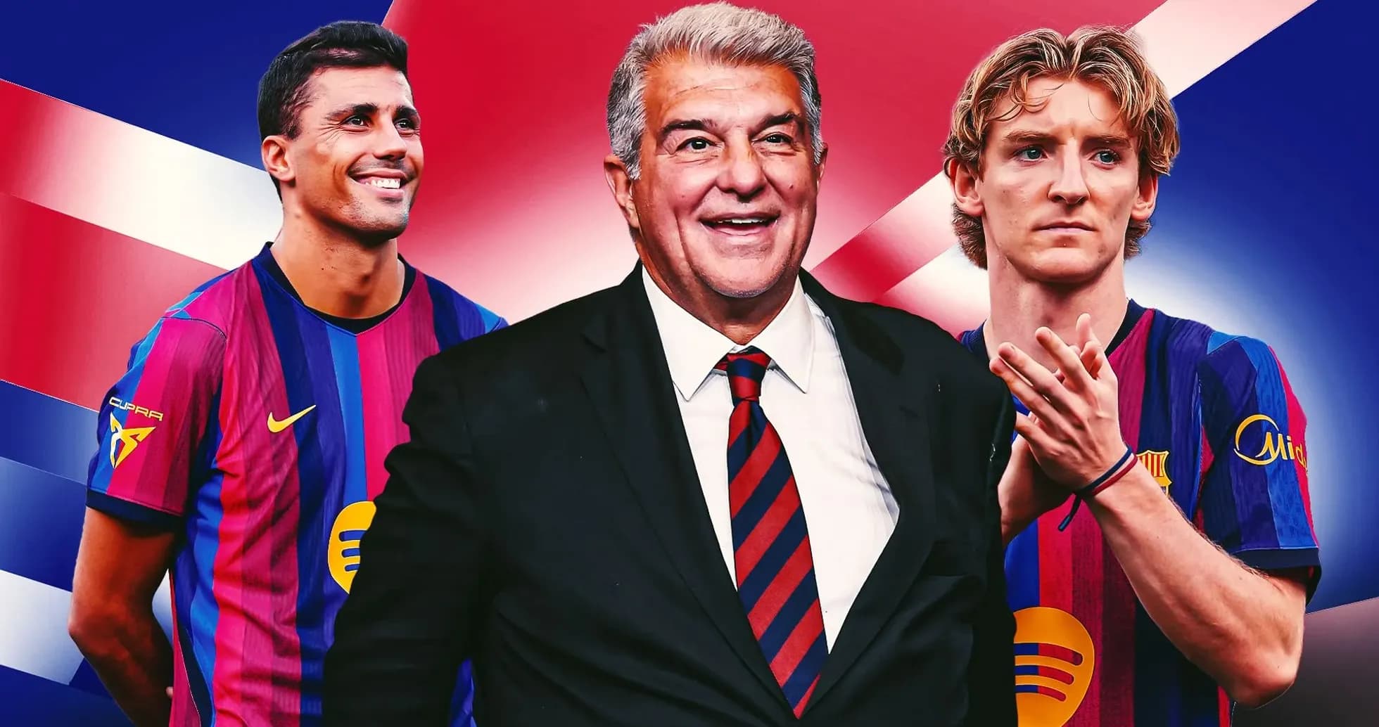 Barcelona players and president against colorful background