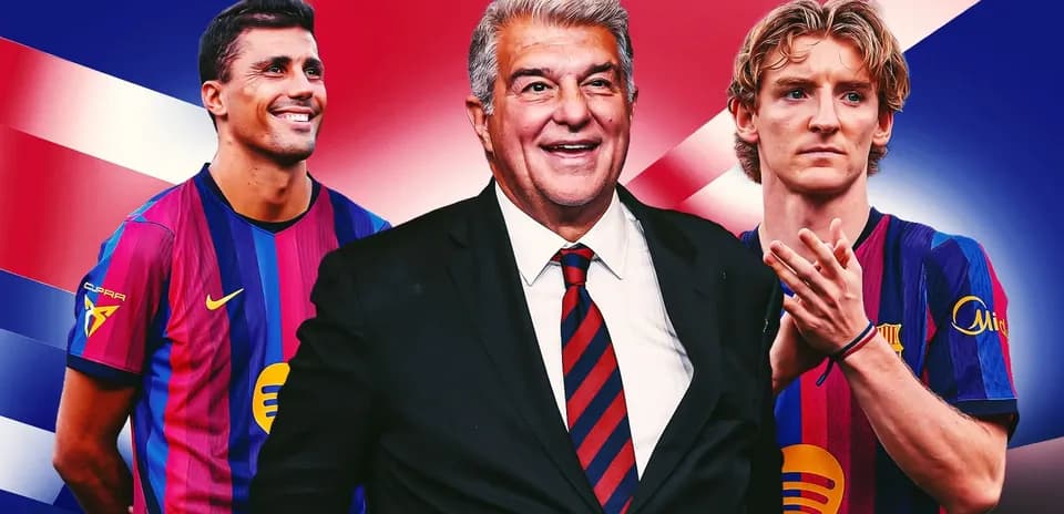 Barcelona players and president against colorful background