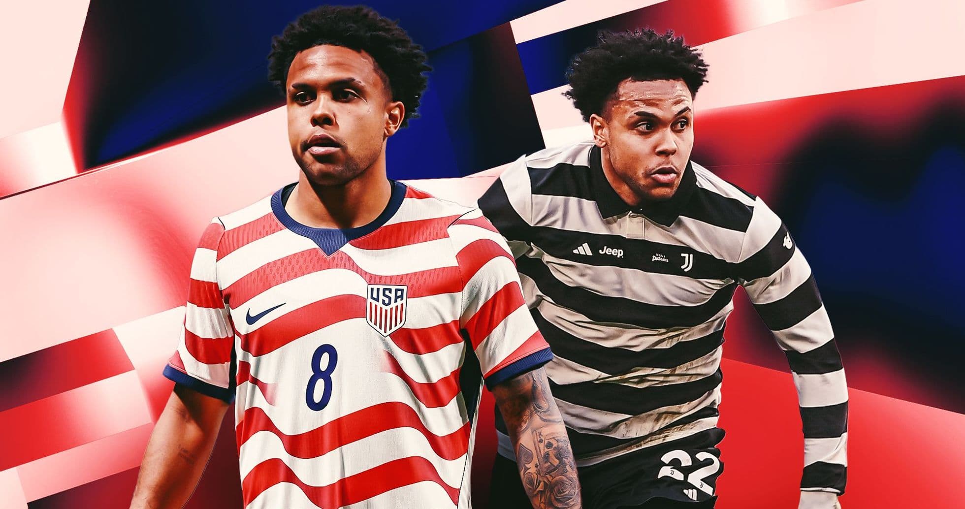 Player in USA and Juventus jerseys on colorful background