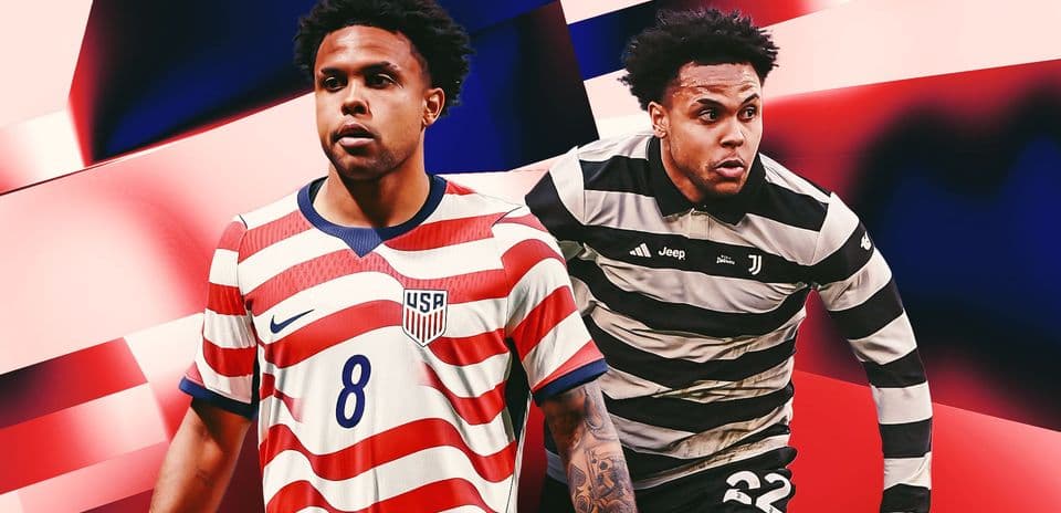 Player in USA and Juventus jerseys on colorful background