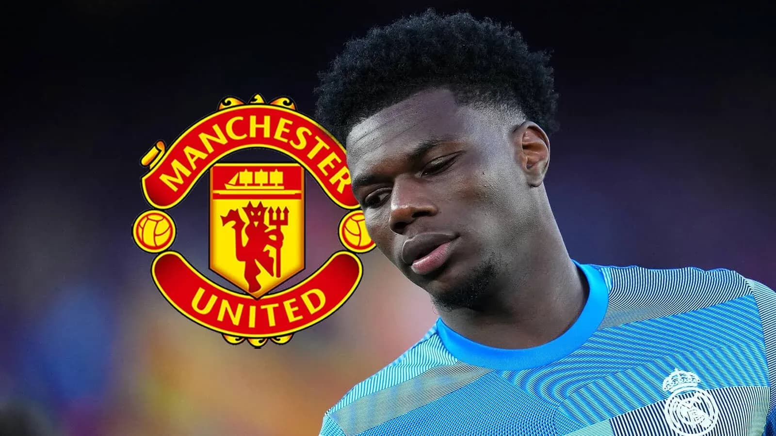 Player in Real Madrid kit with Manchester United logo
