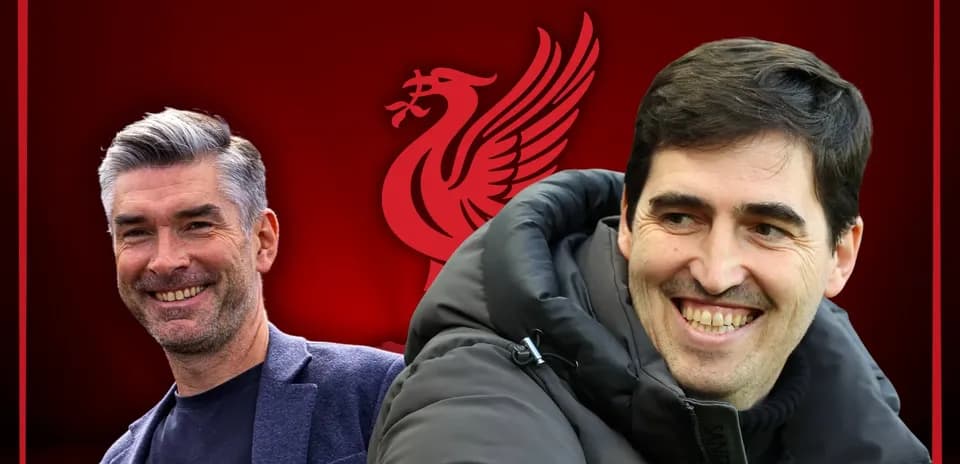 Two football managers smiling against Liverpool background