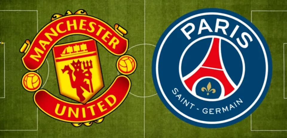 Manchester United and Paris Saint-Germain logos on field