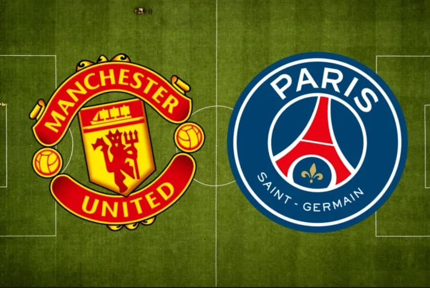 Manchester United and Paris Saint-Germain logos on field