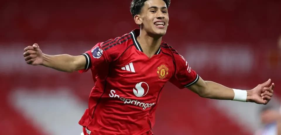 Player celebrating goal in Manchester United kit