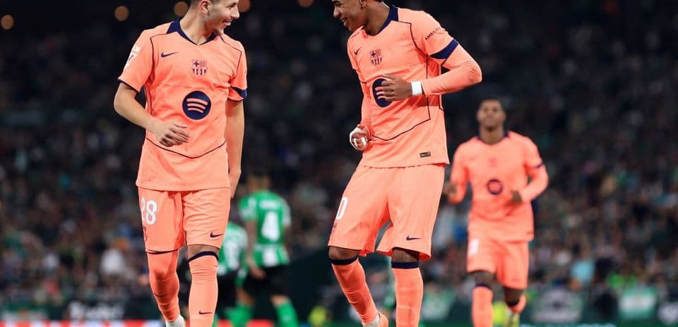 Barcelona players celebrating during La Liga match