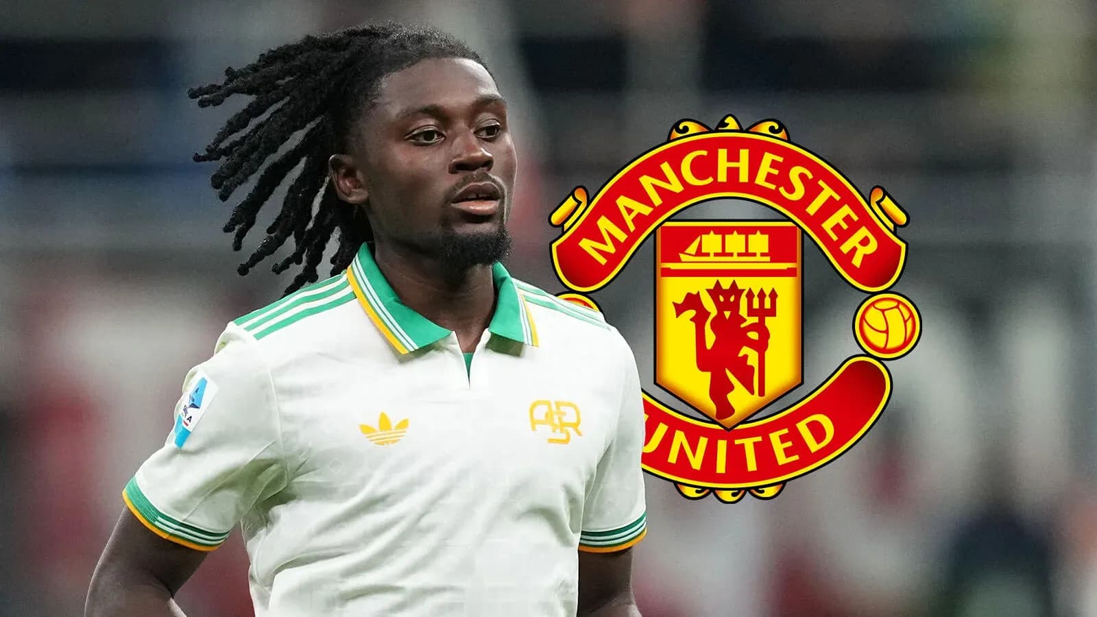 Player in white kit with Manchester United logo backdrop