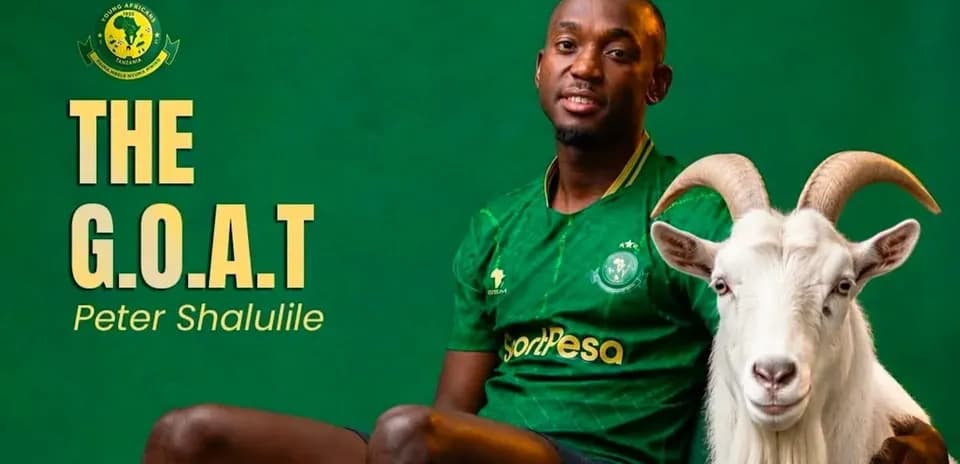 Player Peter Shalulile with a goat on green background