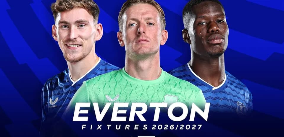 Everton players posing for 2026/2027 fixtures announcement