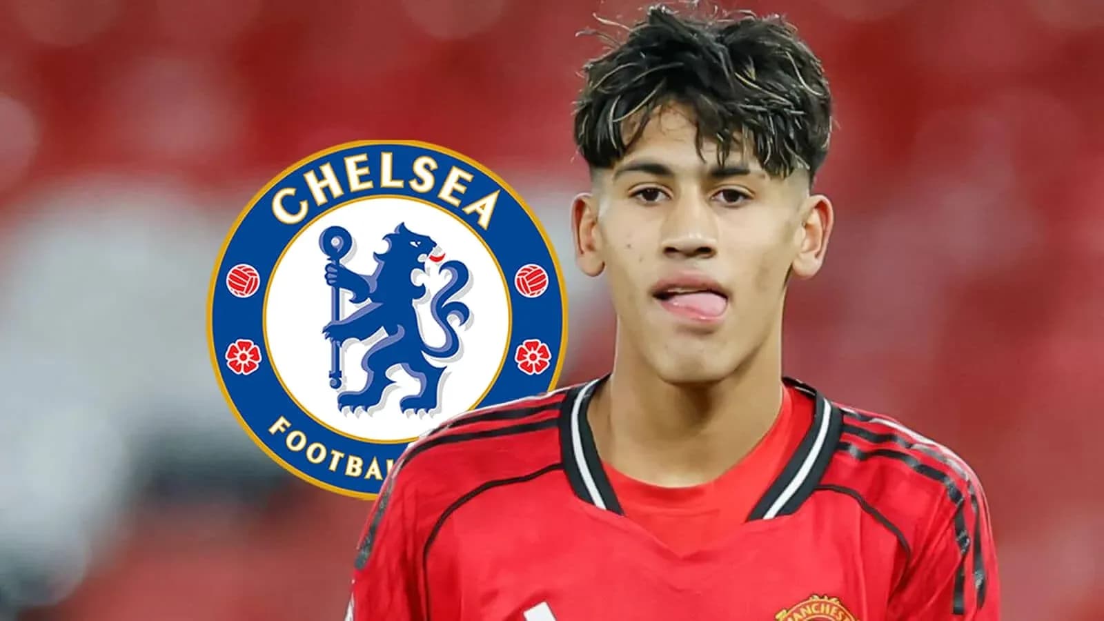 Young player in Manchester United kit with Chelsea logo