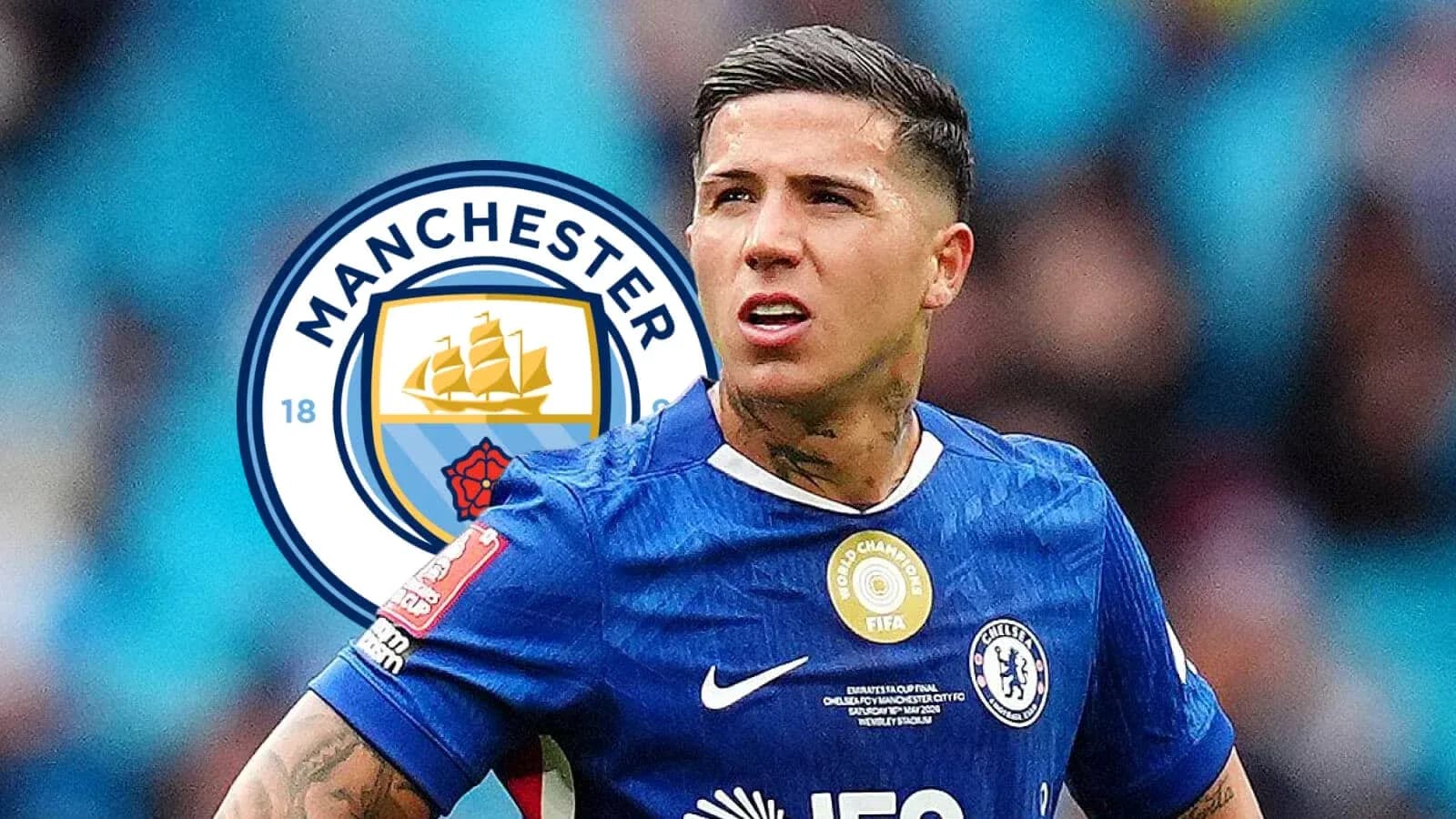 Player wearing Chelsea kit with Manchester City logo background