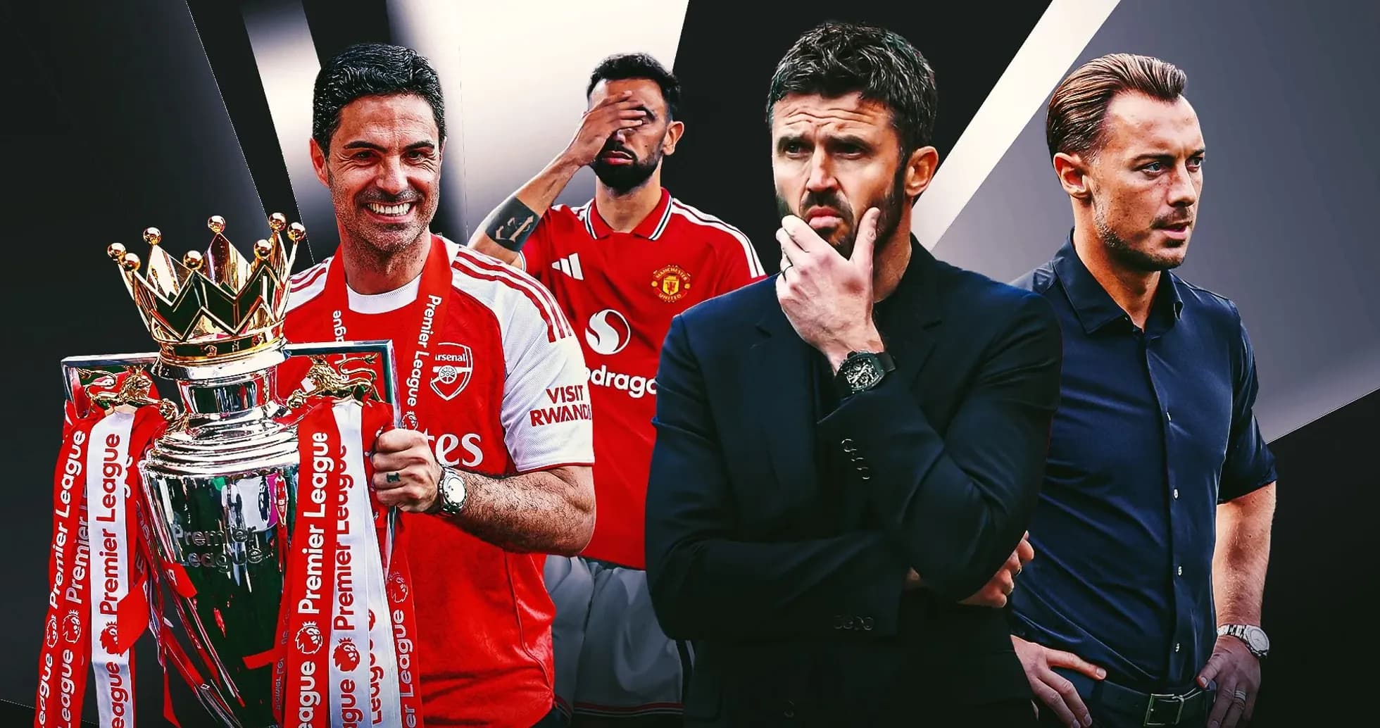 Coaches and players with Premier League trophy backdrop
