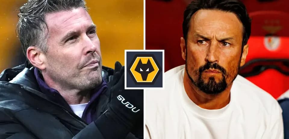 Two football managers during match, Wolves logo in center
