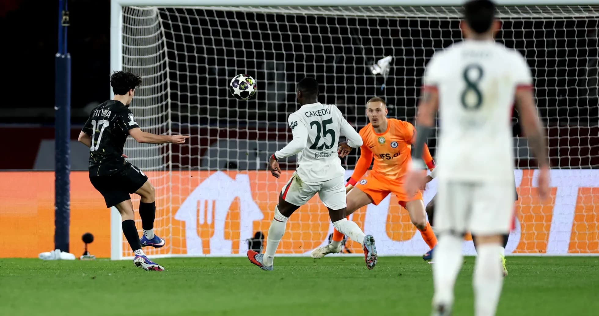 Player shoots on goal during Chelsea vs PSG match