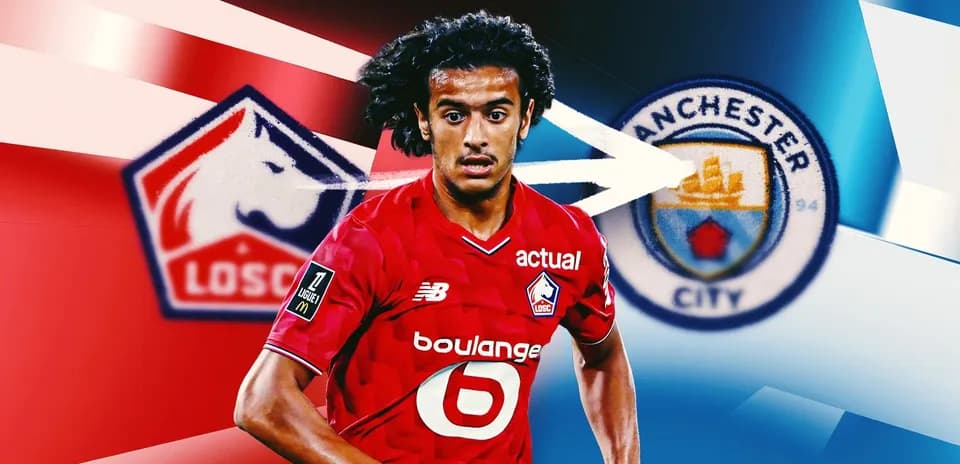 Player in LOSC kit with Manchester City logo background