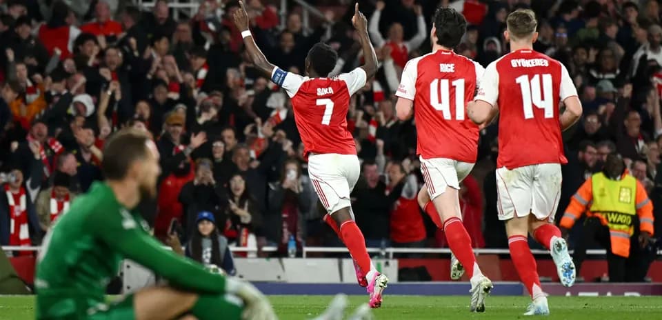 Bukayo Saka celebrating a goal for Arsenal