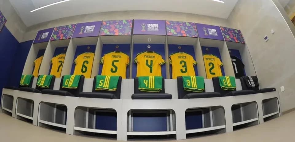 Locker room with jerseys and kits displayed