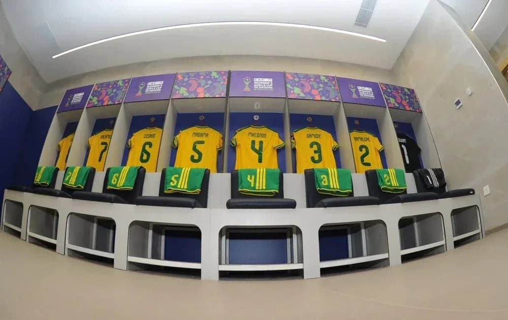 Locker room with jerseys and kits displayed