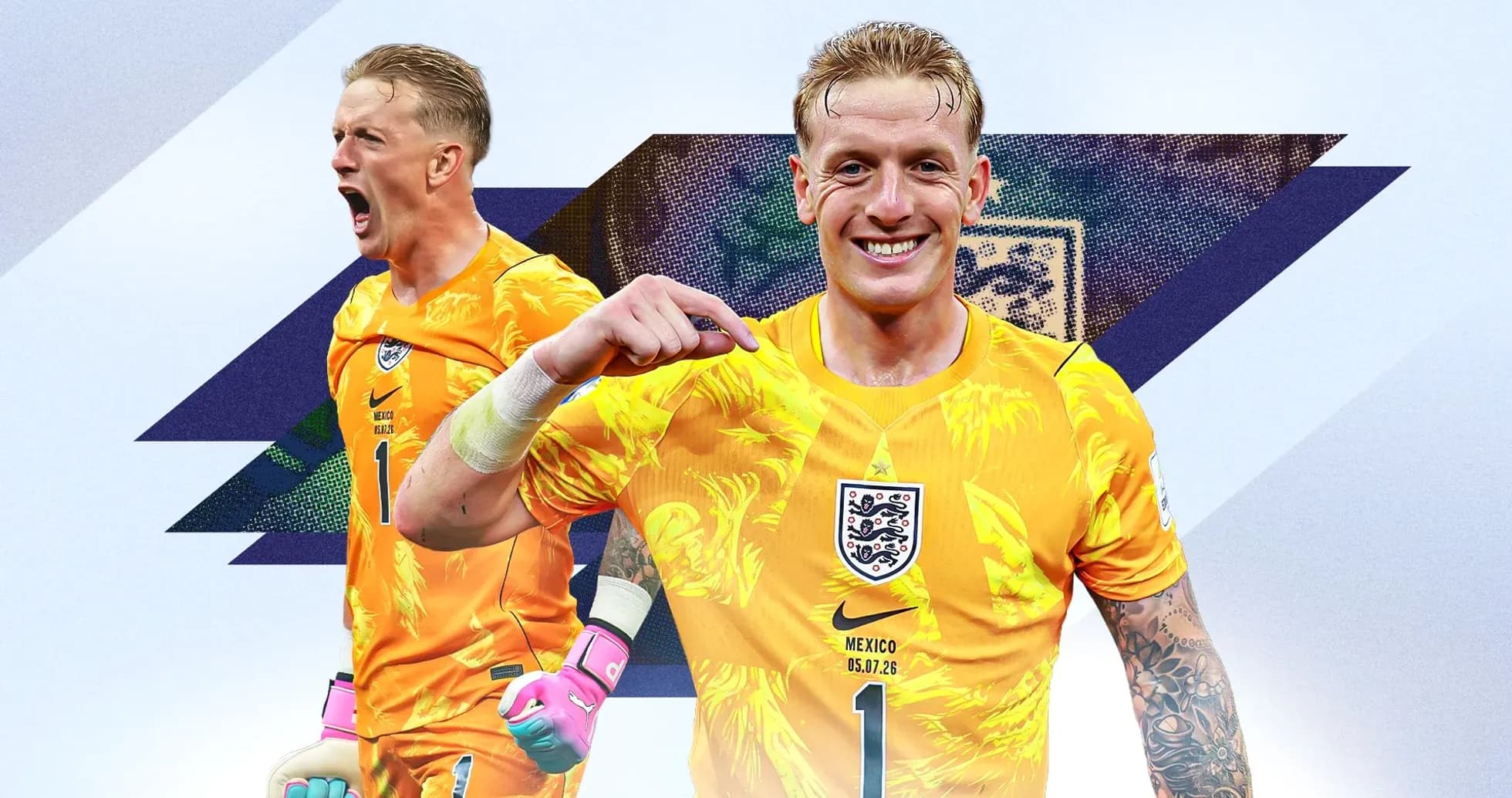 Goalkeeper in orange kit celebrating and posing