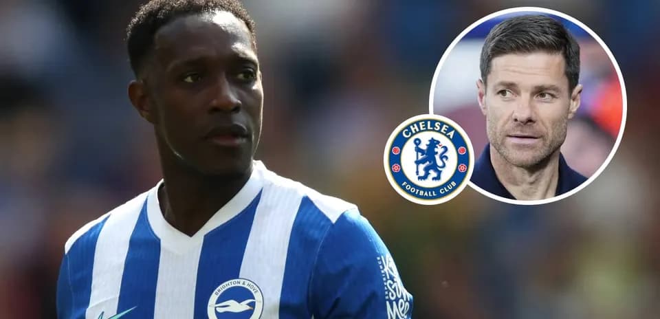Brighton player in action with Chelsea logo background
