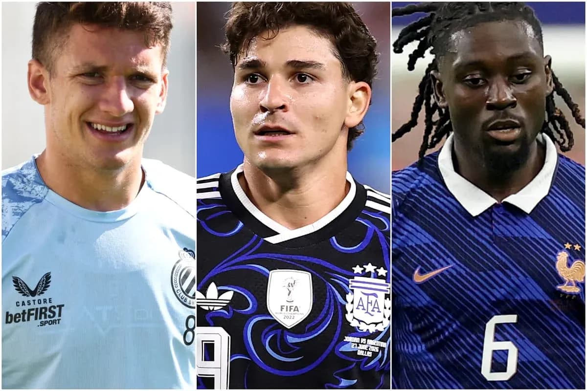 Three soccer players in different team jerseys