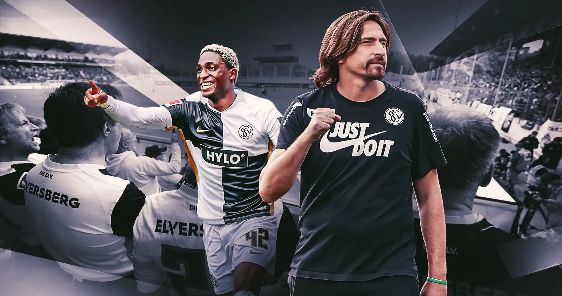 Two players celebrating with fans in background