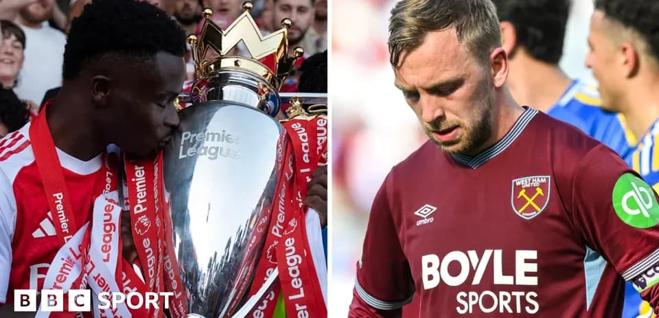 Player celebrating Premier League trophy, another looks dejected