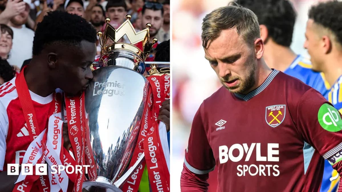 Player celebrating Premier League trophy, another looks dejected