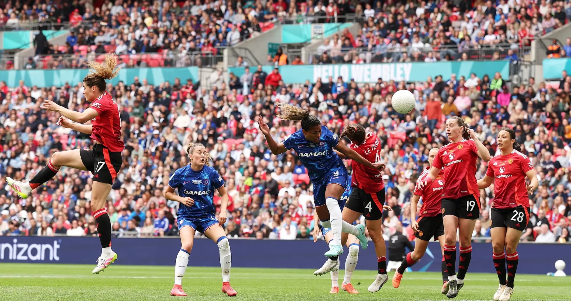 Chelsea and Manchester United players contesting a header