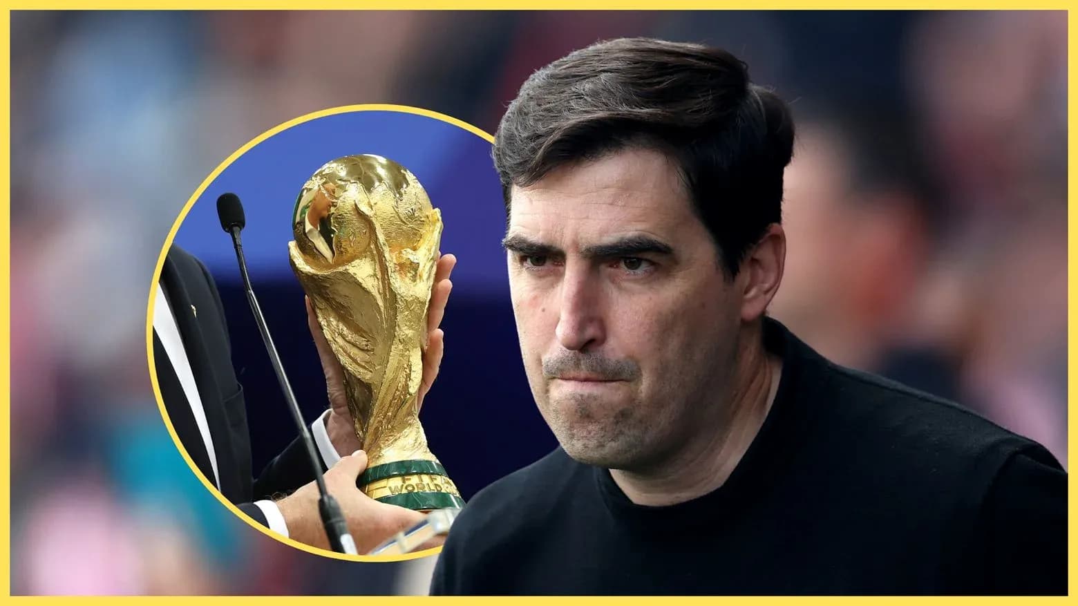 Coach looking serious with World Cup trophy background