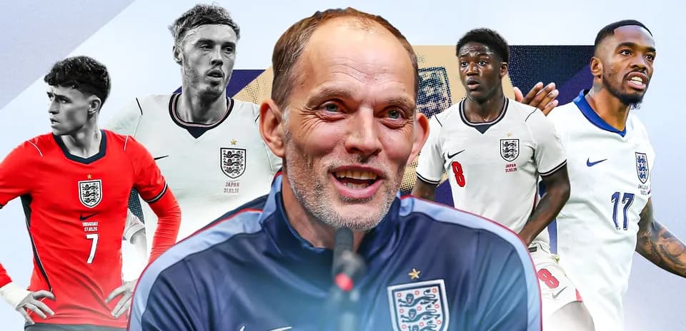 England team players and coach in promotional graphic