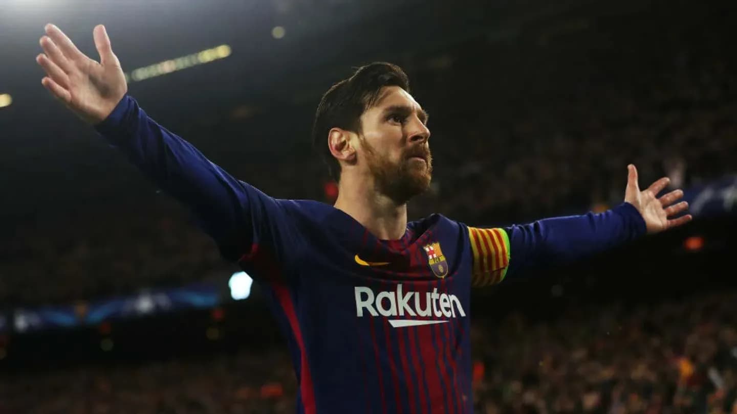Lionel Messi celebrating in Barcelona jersey at stadium