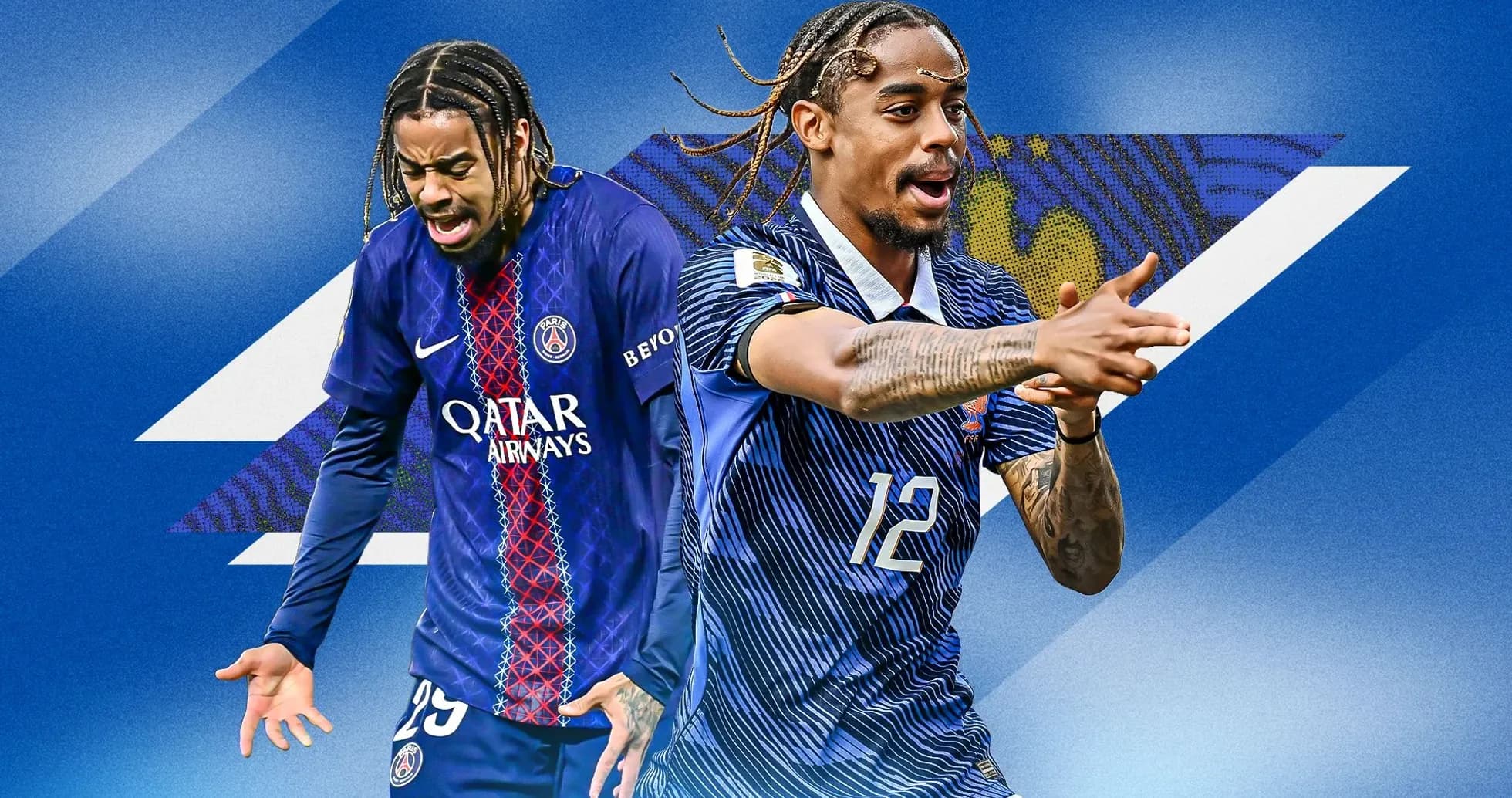 Player in PSG jersey celebrating and another in national team kit