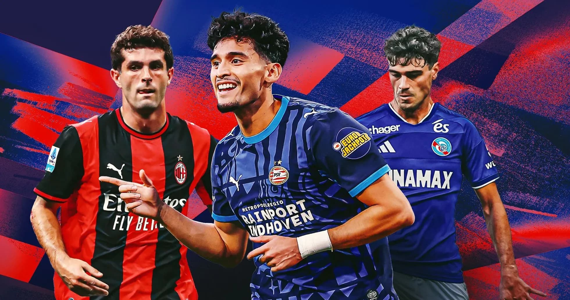 Three football players in club jerseys on colorful background