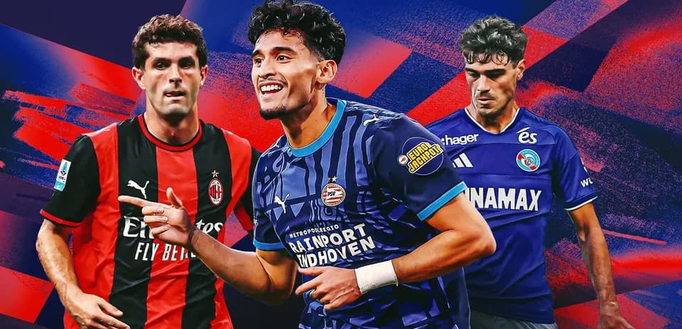 Three football players in club jerseys on colorful background