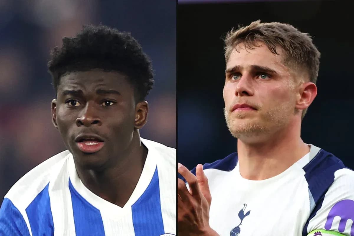 Two football players in jerseys facing each other