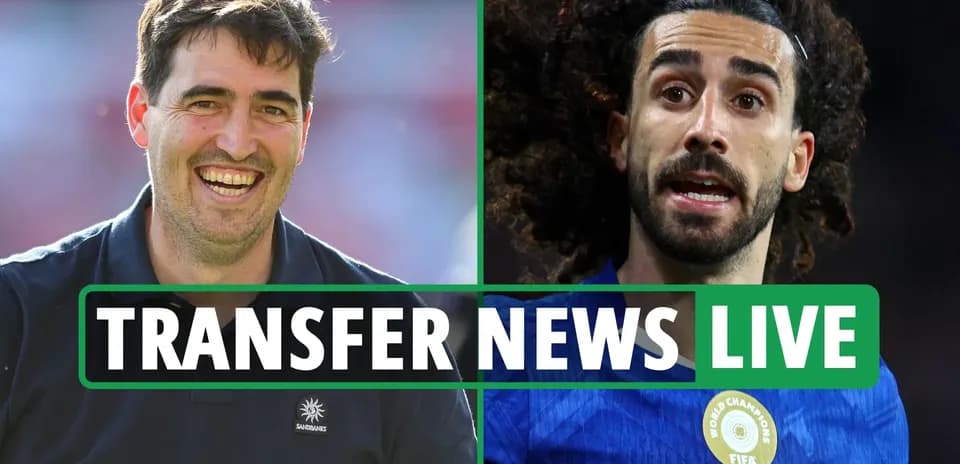 Coach smiling alongside player during transfer news segment
