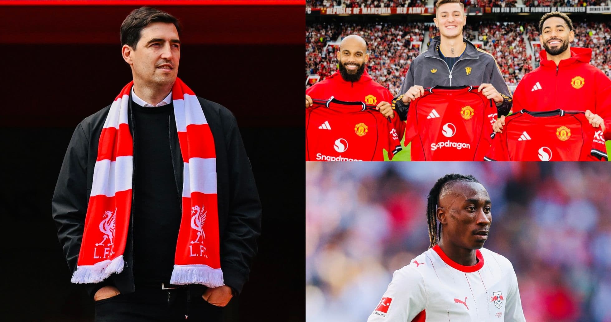 Manager in Liverpool scarf, players with Manchester United jerseys, RB Leipzig player