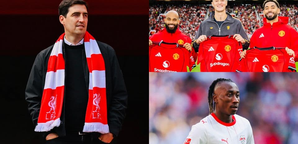 Manager in Liverpool scarf, players with Manchester United jerseys, RB Leipzig player