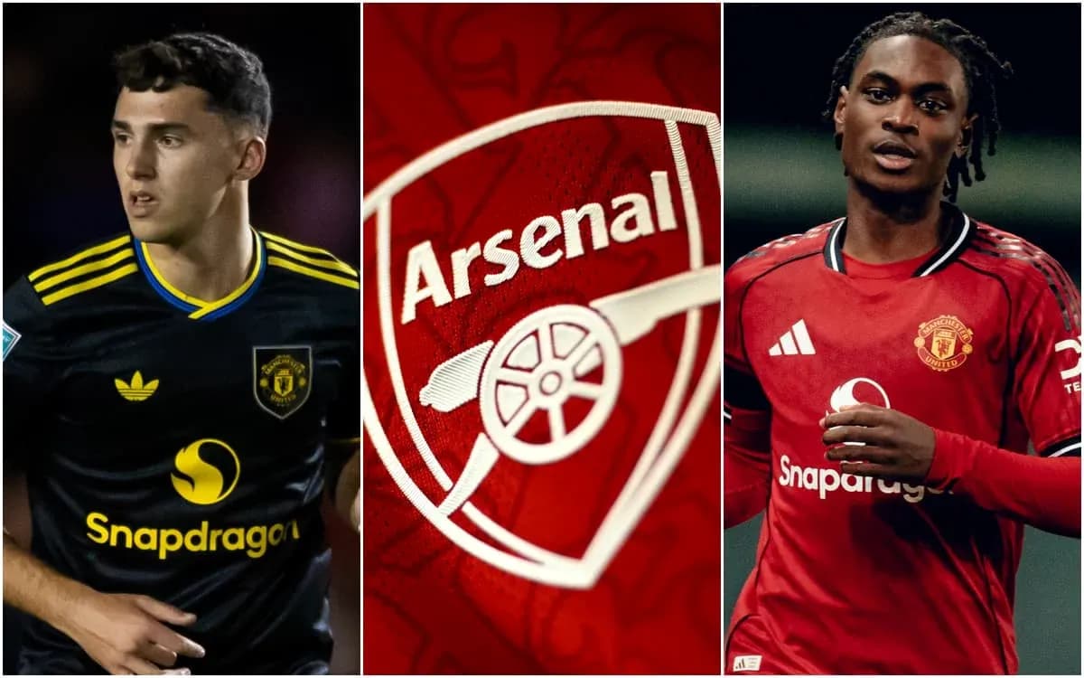 Players from Manchester United and Arsenal with logos Players from Manchester United and Arsenal with logos
