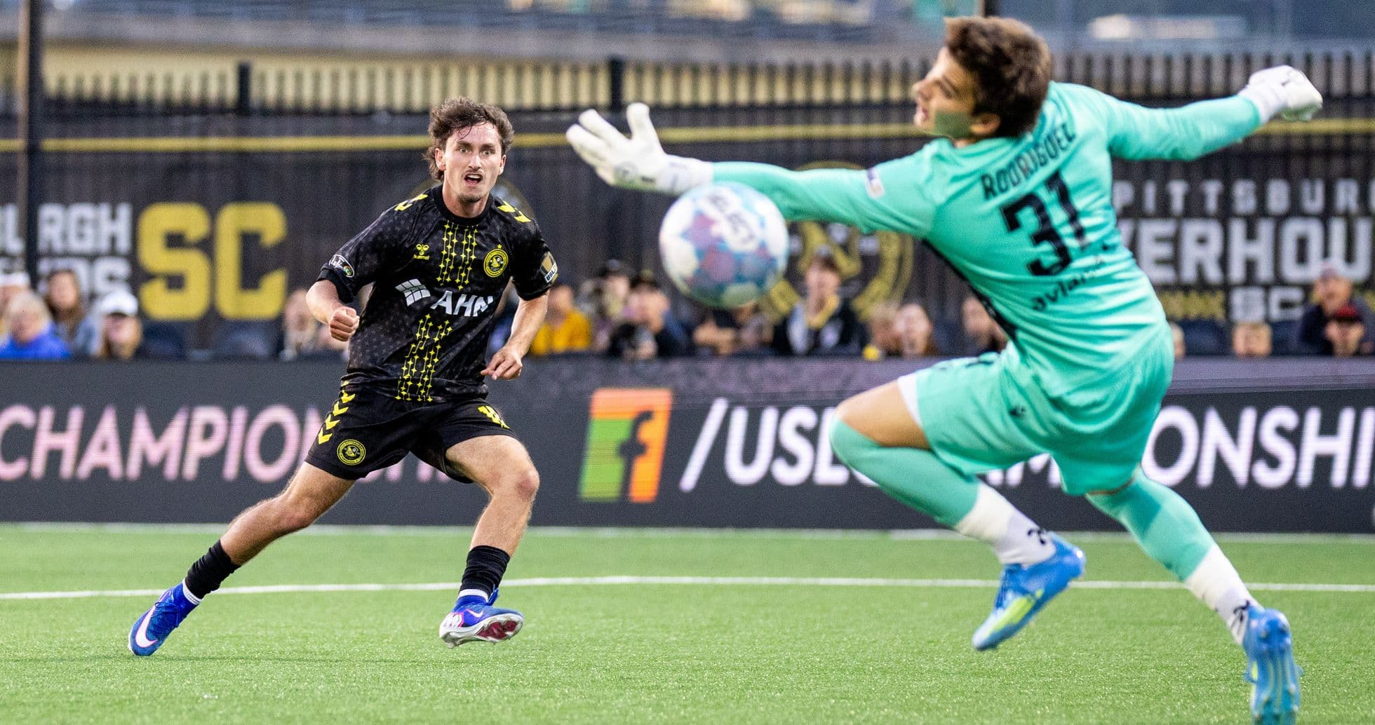 Player shooting on goal during Pittsburgh Riverhounds match Player shooting on goal during Pittsburgh Riverhounds match
