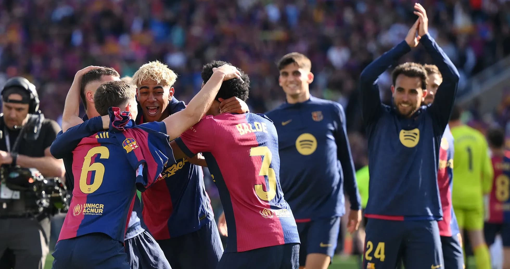 Barcelona players celebrating after a match victory Barcelona players celebrating after a match victory