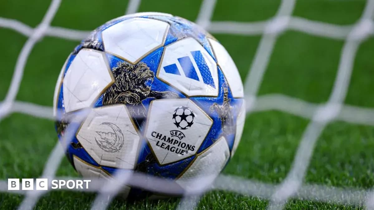 Champions League football resting in goal net Champions League football resting in goal net