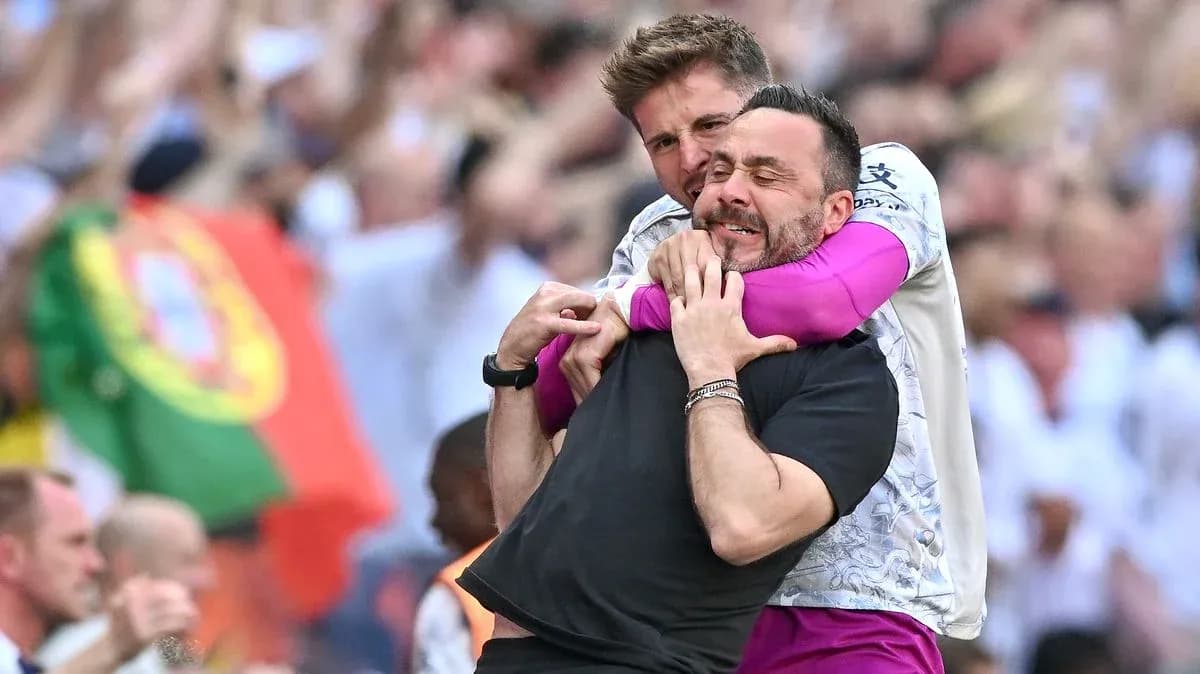 Two coaches celebrating a goal in the stands Two coaches celebrating a goal in the stands