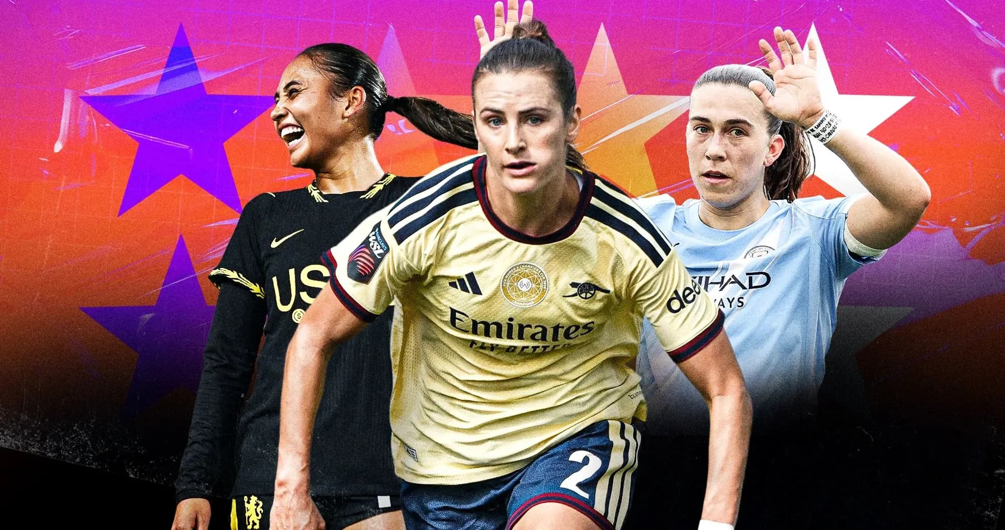 Three female soccer players from different teams Three female soccer players from different teams