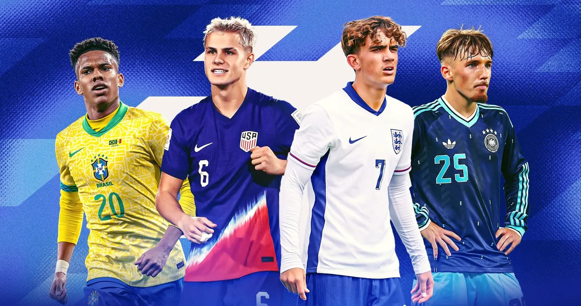 Four young soccer players from different national teams Four young soccer players from different national teams