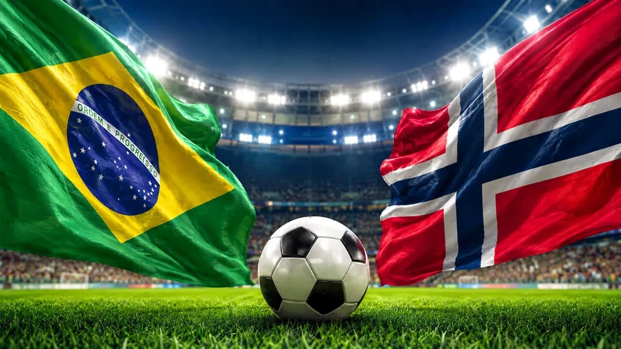 Brazil and Norway flags with football on pitch Brazil and Norway flags with football on pitch