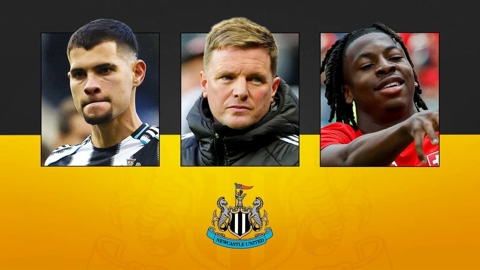 Three Newcastle United players and manager in collage Three Newcastle United players and manager in collage