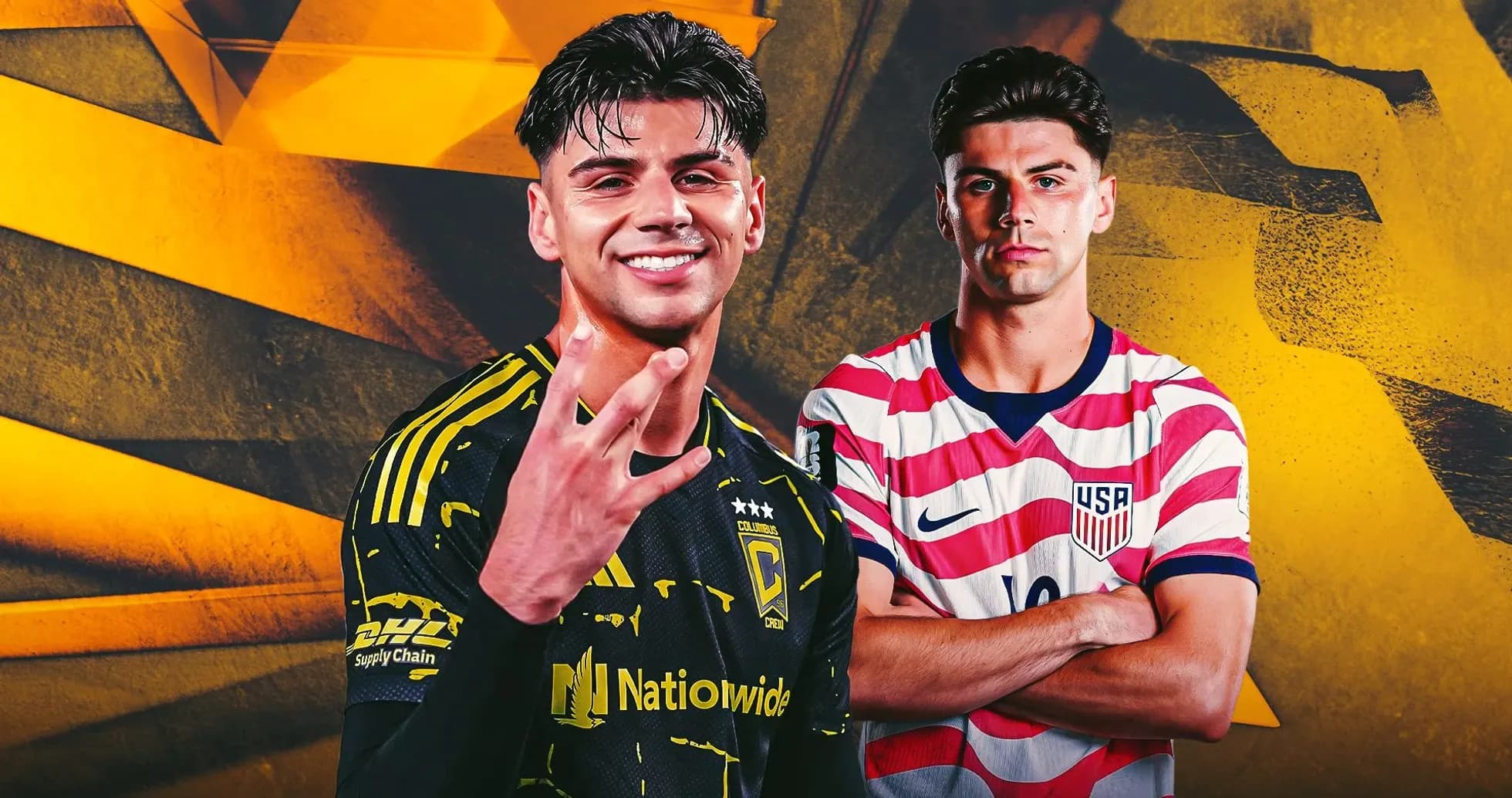Two soccer players posing with team jerseys Two soccer players posing with team jerseys