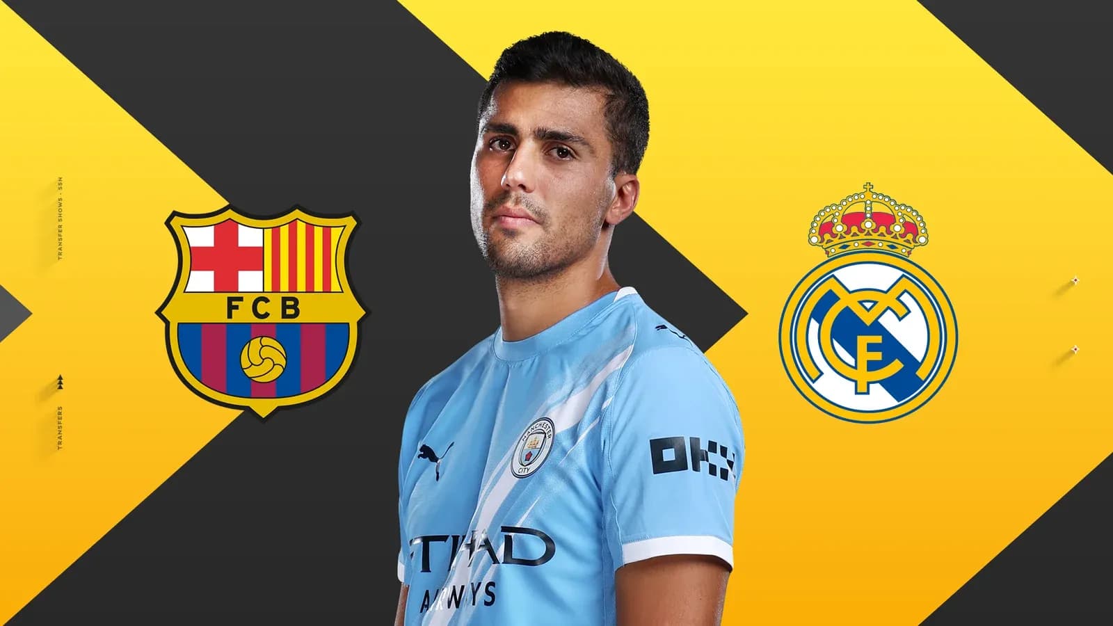 Player wearing Manchester City jersey with logos of Barcelona and Real Madrid Player wearing Manchester City jersey with logos of Barcelona and Real Madrid